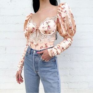 For Love & Lemons Aster Floral Puff Sleeve Bodysuit Size Small
